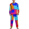 Men's Sleepwear Patchwork Print Pajamas Winter 2 Pieces Rainbow Damask Trendy Pajama Sets Men Long Sleeve Bedroom Graphic Nightwear