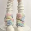 Meias femininas adultos y2k com nervuras para inverno outono moda colorida guarnição de pele joelho alta meia bota punhos bonito
