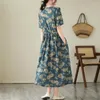 Party Dresses Summer Print Short Sleeve V-Neck Vintage Cotton Linen Midi Dress Women Loose Casual Holiday Robe Ladies Elegant Clothing