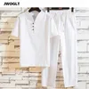 Tute da uomo Camicia Pantaloni 2021 Moda estiva Uomo Bianco Cotone Lino Camicie a maniche corte Uomo Tuta Set 2 Pezzi2844