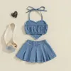 Kläder sätter 2st baby flicka kläder set denim ärmlös backless halter hals hjärta topp veckad kjol söt valentiner dag outfit