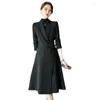 Women's Suits Elegant Women Long Jacket 2023 Autumn Winter Black White Casual Sleeve Belt Slim Coat Office Lady Work Wear Formal Blazer