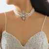 Choker Luxus Glänzenden Strass Kreuz Halskette Für Frauen Französisch Elegante Vintage Multi Layered Perle Weibliche Party Abendessen Schmuck