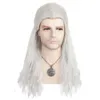 أزياء Catsuit Geralt Long Water Wave Sier White مع شارة معدن شريحة قلادة ظهر مصفف شعر Cosplay Coms + Cap Cap