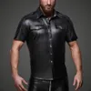 Herr t-shirts män sexig wetlook latex knapp mjuk faux pu läder skjorta toppar klubbkläder fetisch punk underkläder bodysuit skjortor259n