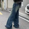 Kvinnors jeans h.sa koreanska stilfulla kvinnor baggy blossade ben lös vintage elefant klocka bottnar bootcut blå byxor höga midja byxor