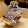 Luxury Crystal Diamond Female Big Zircon Stone Ring Set Fashion 925 Silver Bridal Wedding Rings For Women Promise Love Engagement 294p