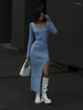 캐주얼 드레스 여성 우아한 정사각형 목 스플릿 니트 드레스 패션 슬림 긴 소매 솔리드 미디 2023 가을 사무실 레이디 통근 로브