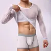 Męskie ciało kształtują mężczyźni przezroczyste siatkę oddychającą topy seksowne gejowskie ubrania gaza koszule męskie ubrania pasiaste patrz przez podwodność