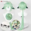 Catsuit-kostuums Spel Genshin Impact Sucrose Cosplay 85 cm lange groene hoofdhuid met bril Hittebestendig haar Halloweenfeest + pruikkap