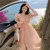 Party Dresses French Summer Sweet Girly Style Ball Gown Dress O-Neck Cute Short Sleeve Vintage Bandage Bow Tender First Love Organza