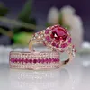 Wedding Rings Vintage Rose Gold Engagement Ring Set Female Fashion Round Crystal Luxury Bridal Red Zircon Stone For Women259A