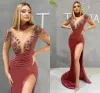 Coxa Sexy Alta Divisão Vestidos de Noite Sheer Manga Longa Mergulhando V Neck Illusion Top Cetim Vestidos de Baile Formal Ocn Vestidos Custom Made estidos