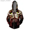 Heren Hoodies Sweatshirts 2022 Nieuwe 3D T-shirt Hoodie Rits Bloedspatten Heren Dames Horror Halloween 3D Rits College Cosplay Kostuums L231027