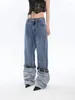 Women's Jeans 2023 Summer Autumn High Waist Graffiti Patchwork Contact Color Leather Button Denim Pants Tide