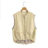 Women's Jackets Solid Vintage Sleeveless Waistcoat Women Fashion Loose Front Zipper Round Neck Outwear Female Autumn 2024 Vest Tops Lady