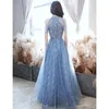 Robes de soirée bleu licou robe de cocktail femmes perlées creuses paillettes robe de bal élégant classique tulle sans manches a-ligne soirée