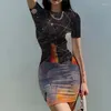 Повседневные платья Летнее женское тонкое платье Цветная линия 3D-печать Красивая тенденция Модная женская одежда