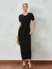 Casual Dresses KimyDreama Women Bodycon Long Dress Solid Color Round Neck Short Sleeve Summer Tie-Up Party Ribbed Rib Sticka