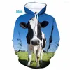 Sweat à capuche pour femme, imprimé vache en 3D, pull à capuche, Animal de ferme, sport créatif