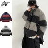 Parka da uomo in piumino Cappotto di cotone a righe retrò Uomo Donna Strade giapponesi Sciolto addensato Preppy Patchwork Cargo Inverno Caldo Coppia Top 231026