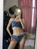 Women's Swimwear Sexy V Neck Swimsuit For Women Denim Blue Bikini Set Push Up Thong Low Waist Bather Bathing Suits