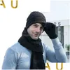 Hats Scarves Gloves Sets Hats European And American Fashion Knitting Three-Piece Suit Pure Color Warm Sleeve Head Wool Hat Scarf Dhutj
