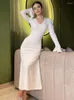 Casual Dresses Tossy White Slim Bandage Long Dress for Women Elegant Party Lace-Up Autumn 2023 FLARED SLEVE Fashion Patchwork Maxi