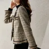 Femmes en cuir Faux cuir printemps automne tissage vêtements coréen de haute qualité col rond Tweed manteau femme Cardigan laine vestes haut pour femme 231026