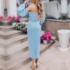 Party Dresses Sexig Puff Sleeve Cocktail Off Shoulder Split Bandage Dress Fashion Club Elegant 2023 Women Sky Blue Pink Bodycon