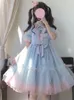 Party Dresses KIMOKOKM Lovely Lolita Princess Lace Cosplay Dress Square Collar Contrasting Colors Bow Ruffles Puff Sleeve Sweet Girly