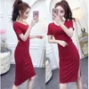 Sukienki swobodne moda seksowna sukienka solidna pulchna dziewczyny Summer Korean Style Slim Fit Slit okrągła szyja spódnica z krótkim rękawem