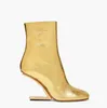 2023 Vinter kort stövelvarumärke Första skor Kvinnor ankelstövlar kalvläder metall kilformade klackar runt tå guldfärgade booties lady booty eu35-43 låda