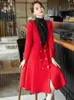 Kvinnors kostymer 2023 Autumn Winter Women Long Blazer Red Black Khaki Casual Sleeve With Belt Slim Coat Office Lady Wear Formal Jacket