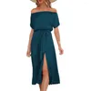 Casual Dresses Women Off Shoulder Short Sleeve Midi Dress High Waist Belt Split Hem Pockets Solid Color Party Streetwear