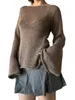 Kvinnors tröjor Y2K BYGG TILLBAKT Ströja långärmad båthals Fast färg stickad Pullover Casual Crochet Tops 2023 Fall 231026