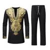 Men's Tracksuits African Shirt Pants Set Metallic Print Tops Long Sleeves Clothing V Neck Matching Traditional Suit With Trouser For Men