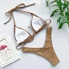 Damen-Badebekleidung, braun, sexy Bikini-Set, zweiteilig, glänzend, Neckholder, niedrige Taille, Badeanzug, Dreieck, Push-Up, gepolstert, rückenfrei, Strandmode