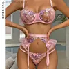 Set sexy ECTOOKO 2022 Lingerie femminile Calze Ruffles Reggiseno trasparente e perizoma 3 pezzi Intimo donna dura Set biancheria intima fantasia rosa T231027