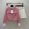 Outono rosa contraste cor conjuntos de vestido de duas peças manga longa gola tweed casaco de peito único cintura alta plissado conjunto de saia curta ternos de duas peças b3o202203