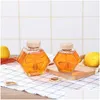 Barattoli per bottiglie di stoccaggio 220Ml / 380Ml Barattolo di miele esagonale in vetro trasparente Mini piccola bottiglia sigillata con utensile da cucina con cucchiaio in legno Dh4Ck
