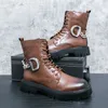 Decoração de corrente martin botas masculinas pu cabeça redonda sola grossa zíper lateral elevado moda tendência botas militares