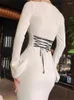 Casual Dresses Tossy White Slim Bandage Long Dress For Women Elegant Party Lace-Up Autumn 2023 Flared Sleeve Fashion Patchwork Maxi