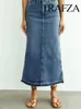 Skirts TRAFZA Women's Summer Fashion Pocket Back Slit Long Denim Skirt Vintage Mid Waist Zipper Casual