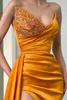 Strapless Satin Ball Gown Sparkling Beaded High Slit Dresses Mermaid Evening Party Prom Dresses Formal