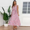 Abiti casual Abito floreale Bohemia Robe Femme Summer Scollo a V senza maniche Tunica Cintura Maxi Abiti lunghi larghi larghi sexy