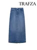 Skirts TRAFZA Women's Summer Fashion Pocket Back Slit Long Denim Skirt Vintage Mid Waist Zipper Casual