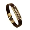 KaiMin Classique Christ Croix Hommes Femmes Bracelet En Cuir Simple Bouton En Acier Marron Accessoires Neutres Tissés À La Main Bijoux Cadeaux Char283H