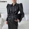 Lautaro Automne Longue Robe Chemise En Faux Cuir Noir Doux Ceinture Bouffante Manches Longues Boutons Élégant Luxe Robes Élégantes pour Les Femmes G12259A