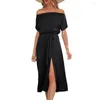 Casual Dresses Women Off Shoulder Short Sleeve Midi Dress High Waist Belt Split Hem Pockets Solid Color Party Streetwear